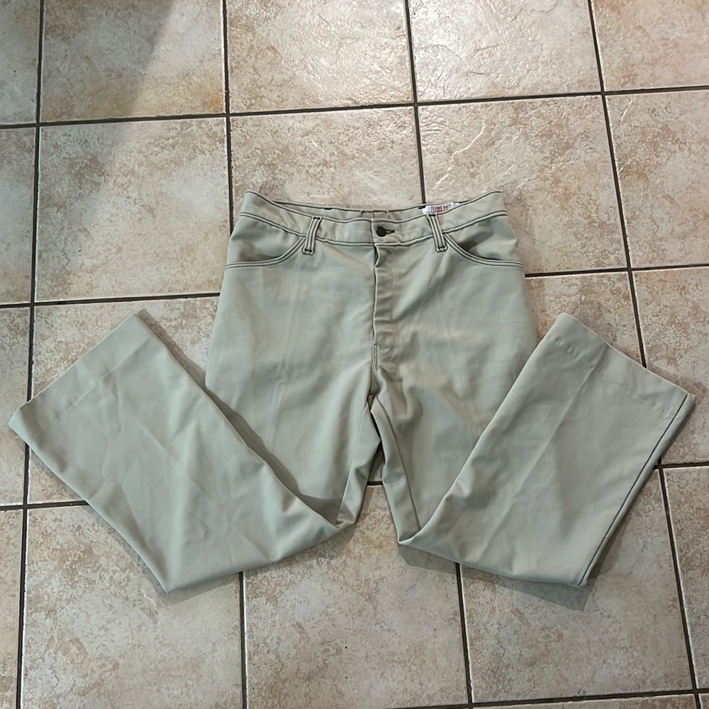 Vintage 70s Time Out Farah Light Tan Polyester Bootcut Pants, Sz 8/10